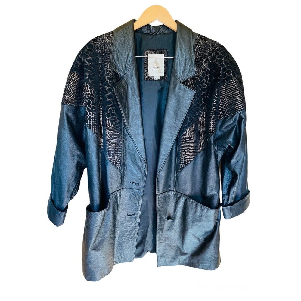 VTG Vintage Avanti Black Leather Fashion Cheetah Jacket Coat Shoulder Pads M